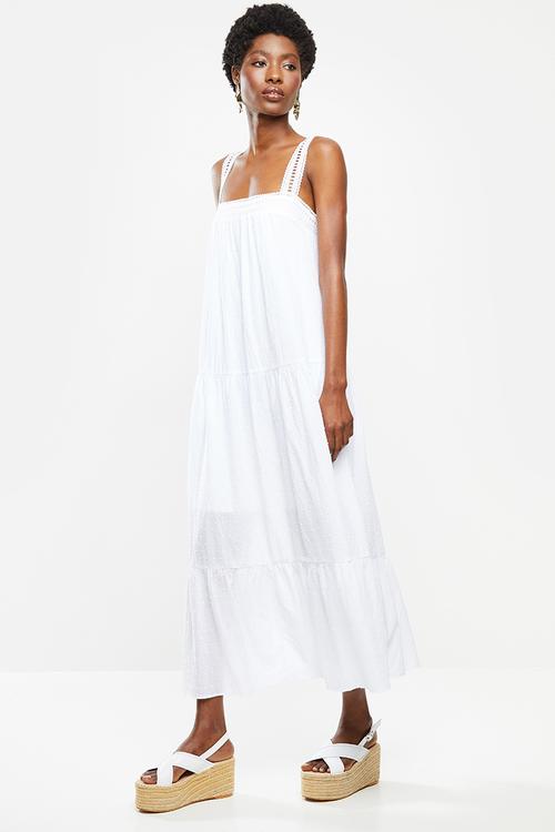 Dobby square neck midi tiered dress - white
