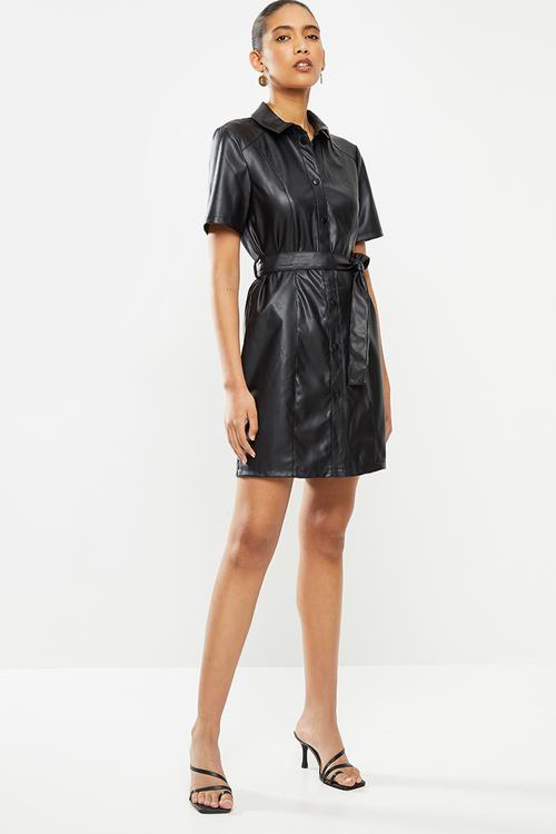 Vera faux leather belt dress - black