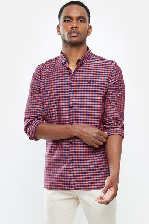 Textured check long sleeve shirt - red & navy 