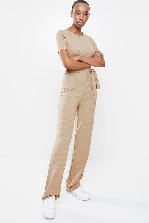 Rib short sleeve flare leg jumpsuit - beige 