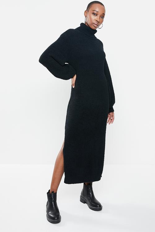 Fluffy slouchy side split jumper dress - black 