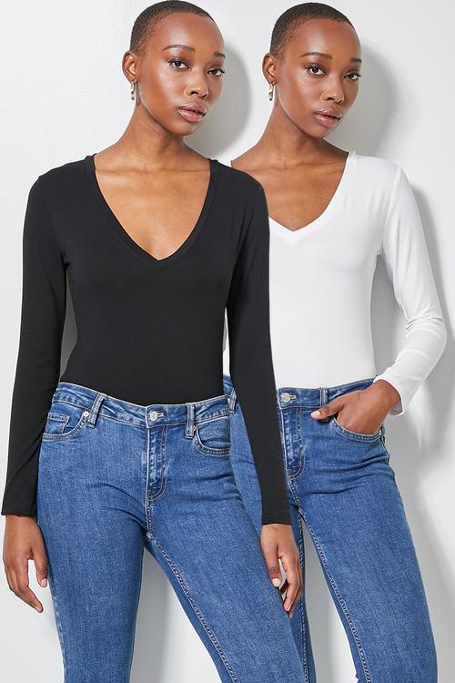 2 Pack fitted viscose V-neck tee's - black & white