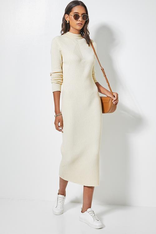 Organic cotton ribbed knitwear poloneck dress - cream