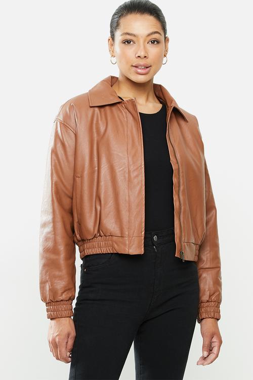 Vegan leather quilted bomber - tan