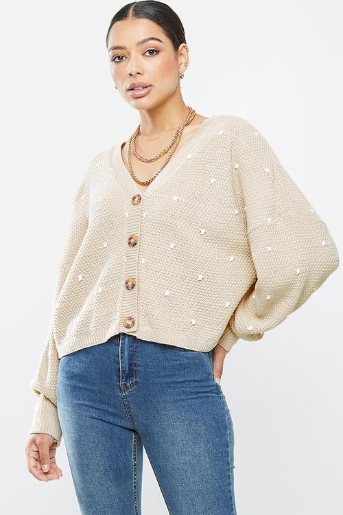 Polka dot balloon sleeve cardigan - stone