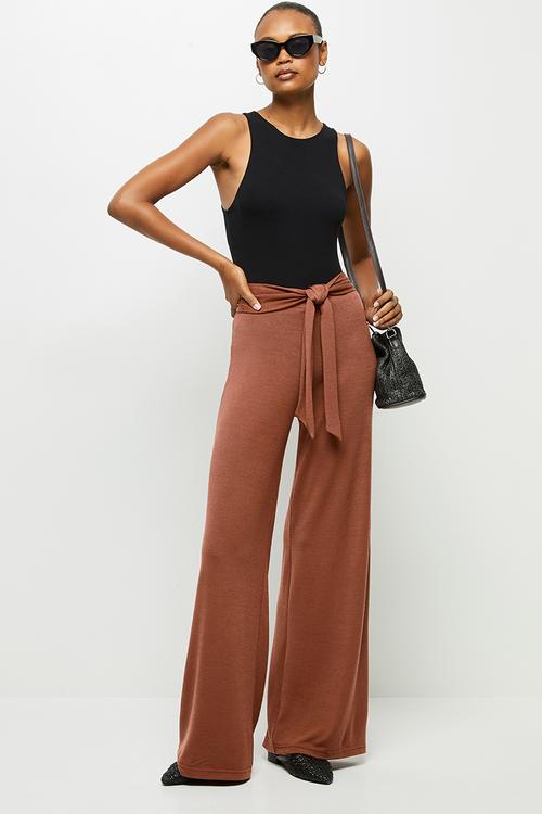 Belted lounge wide leg pant - terracotta