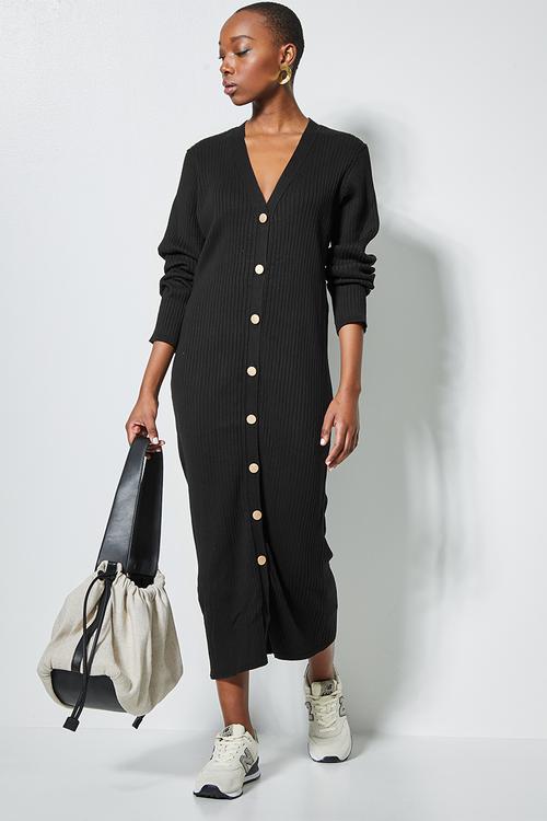 Organic cotton ribbed button thru knitwear dress  - black