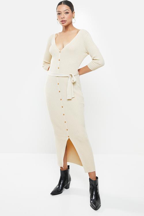 Button down knit dress - stone