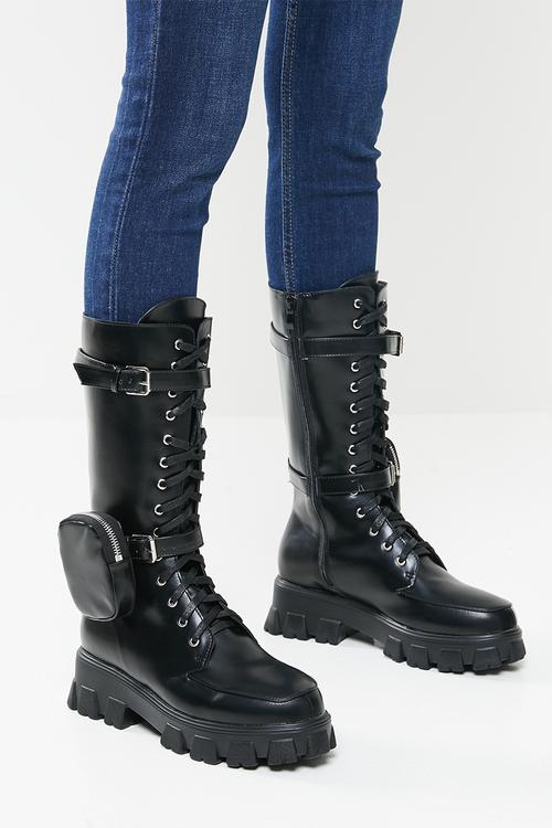 Quad combat boot with detachable pouch - black