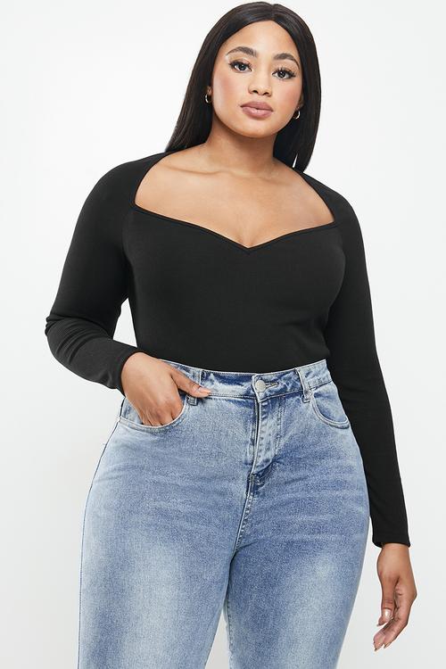 Rib knit sweetheart long sleeve bodysuit - black