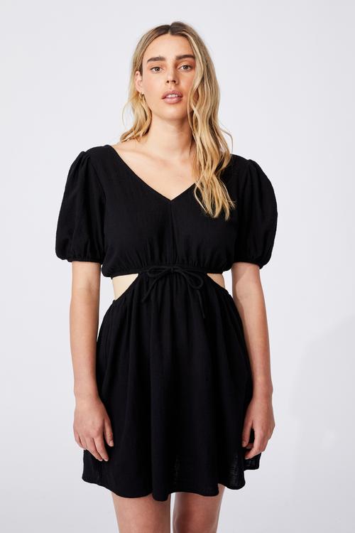 Woven dixie cotton cut out mini dress - black