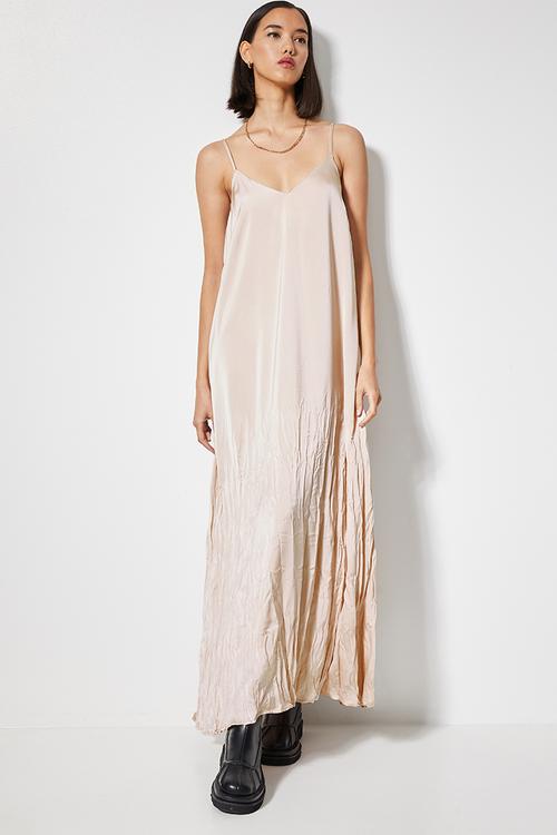 Crushed satin trapeze slip dress - champagne
