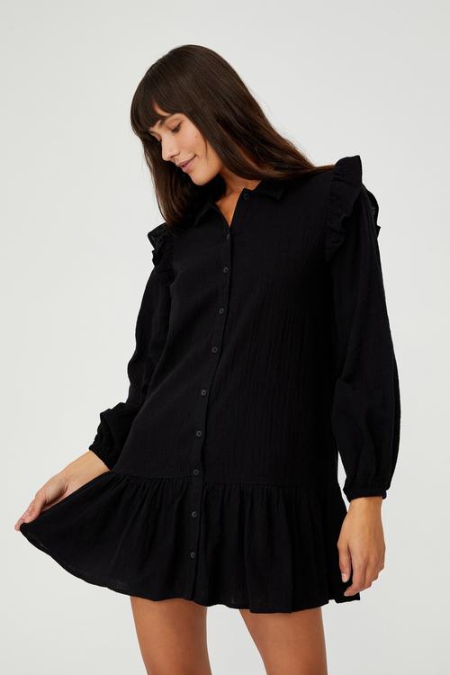Woven marnie long sleeve babydoll mini shirt dress - black