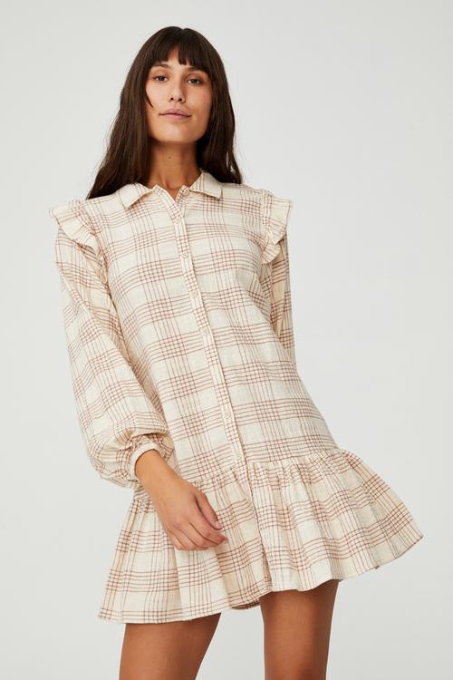 Woven marnie long sleeve babydoll mini shirt dress - charlotte check barley