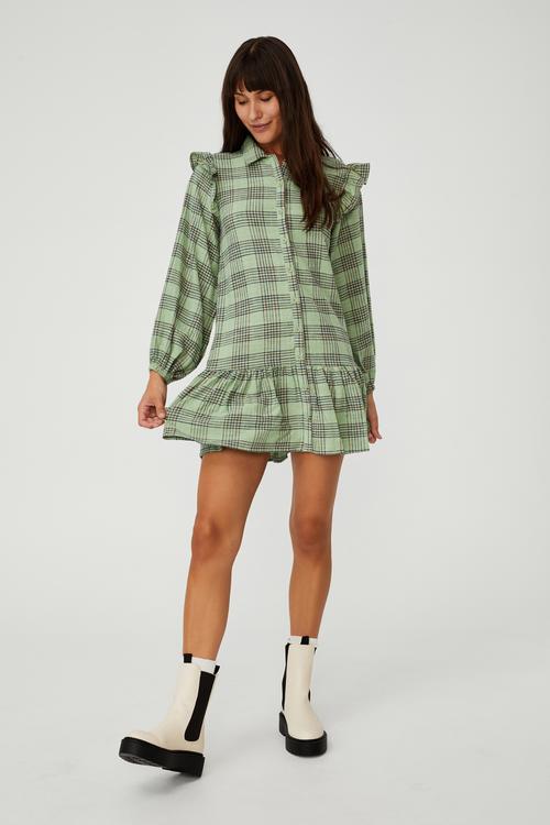 Woven marnie long sleeve babydoll mini shirt dress - charlotte check pistachio green