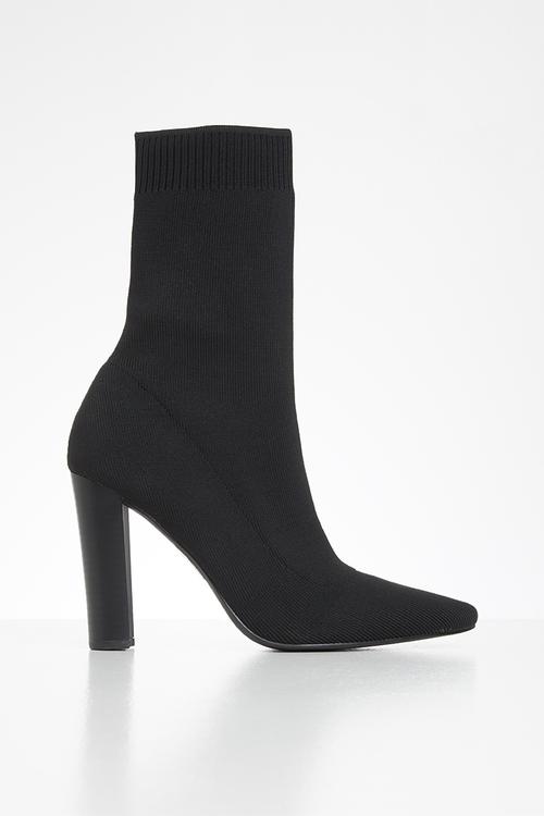 Stacked heel knitted pointed toe ankle boot - black