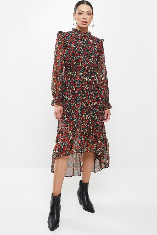 Frill neck midi smock floral dress - multi