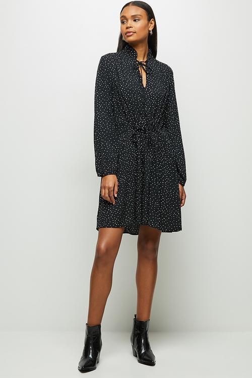 Tie detail collar mini dress - black 