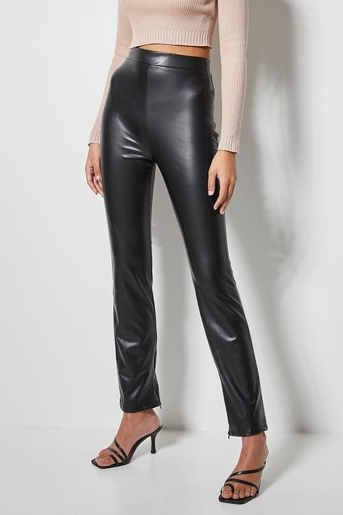 High rise pleather hem pant - black