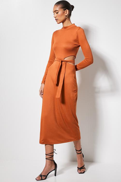 Cut out turtle neck midi column dress - rust 