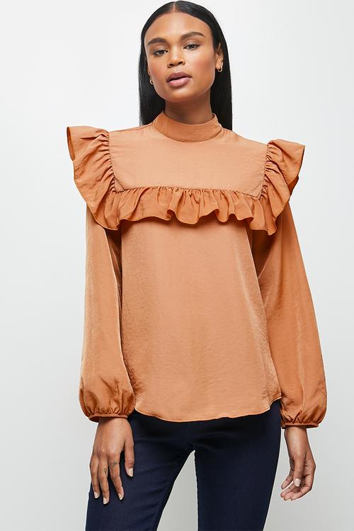 Peached woven turtleneck blouse - maple