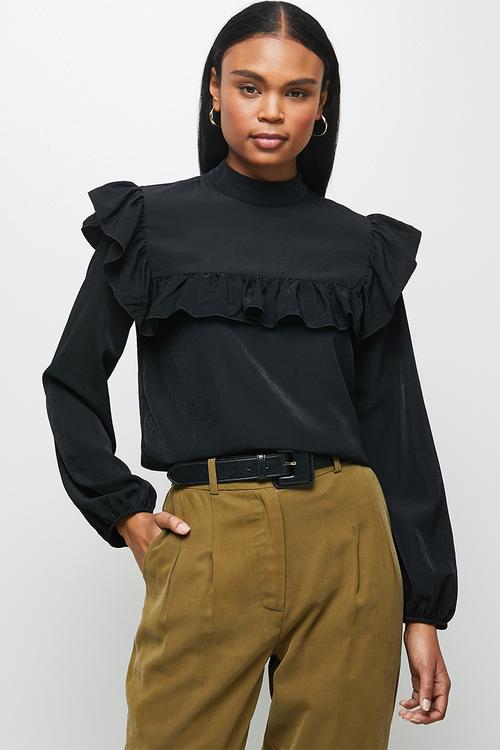 Peached woven ruffle trim turtleneck blouse-black