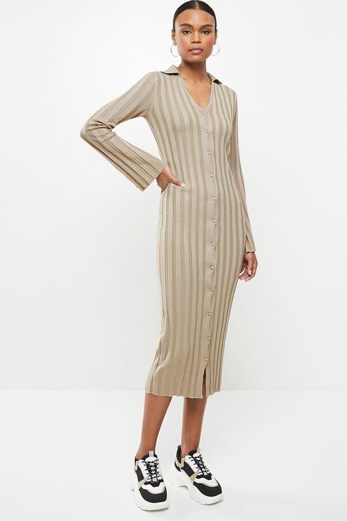 Rib v-neck collared midaxi dress - stone