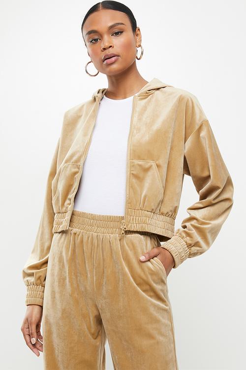 Velour hooded zip through jacket - mocha