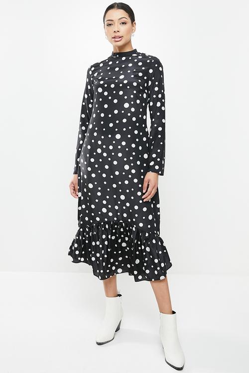 Satin high neck midi dress - black & cream 