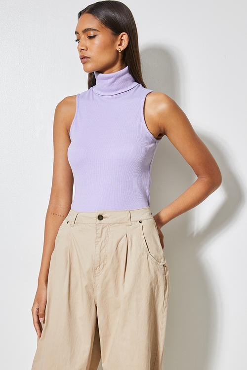 Cotton lycra rib poloneck top - purple