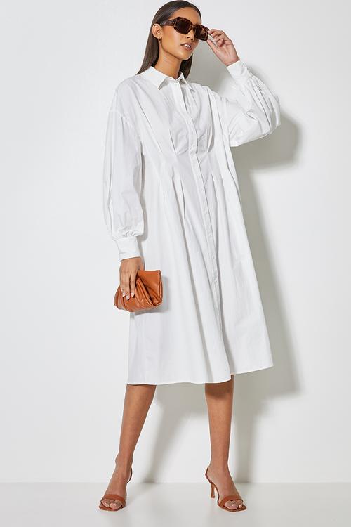 Pink tuck detail shirt dress - white