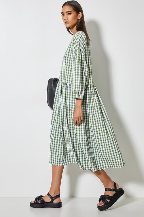Seersucker babydoll dress - green & white gingham