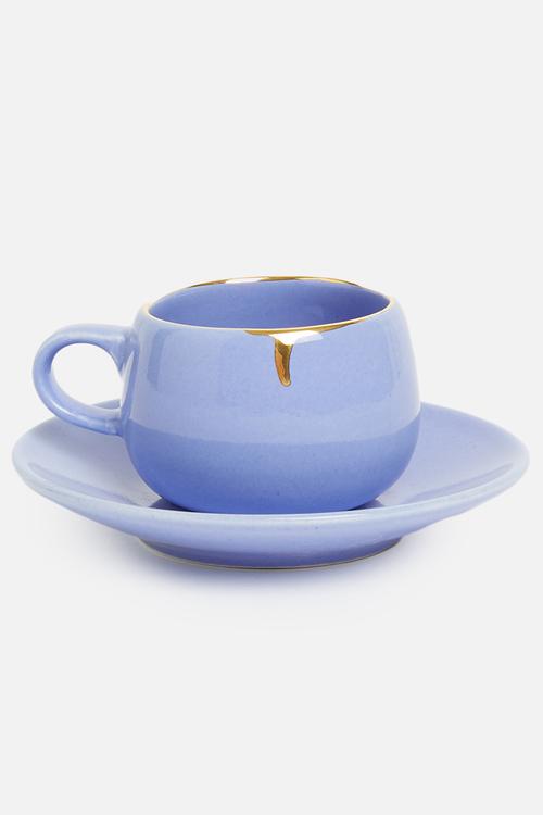 Set of two Des Moines cup & saucer- sapphire & gold