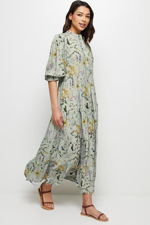 Shirred puff sleeve tiered maxi - sage botanical