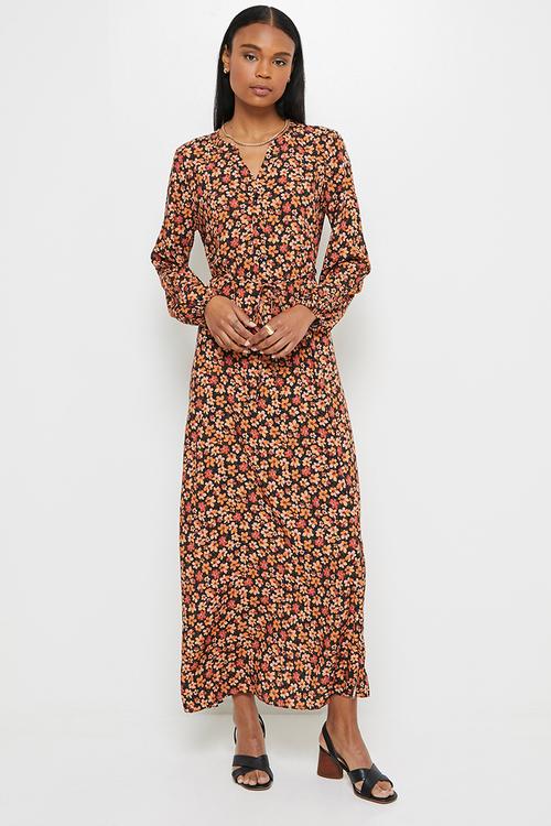 Mandarin collar balloon  sleeve maxi - rust floral