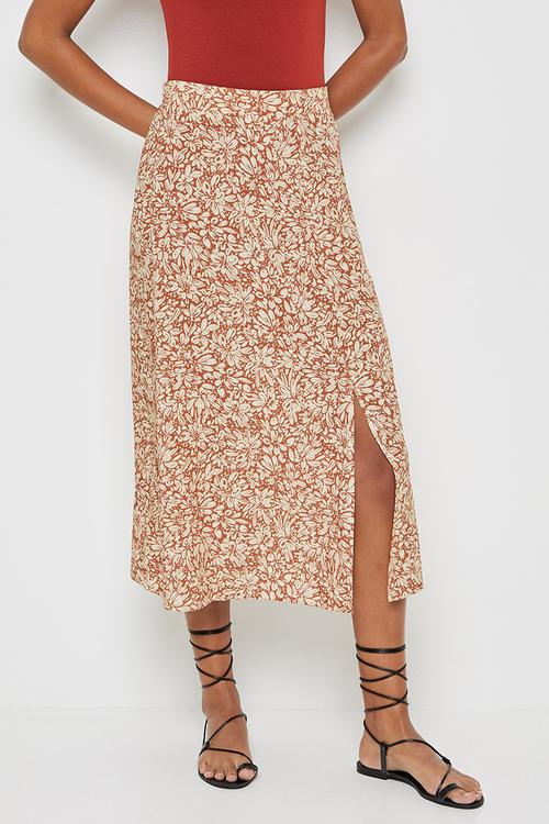 Pull on slit midi skirt - rust floral