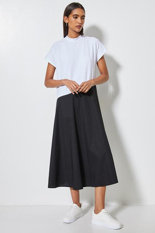 Grown on sleeve single jersey & poplin combo dress - white & black