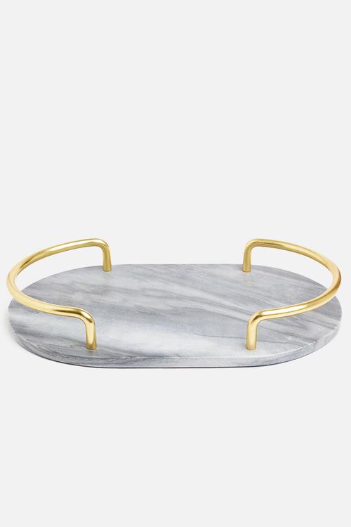 Grey marble oval shape drinks tray with gold handles