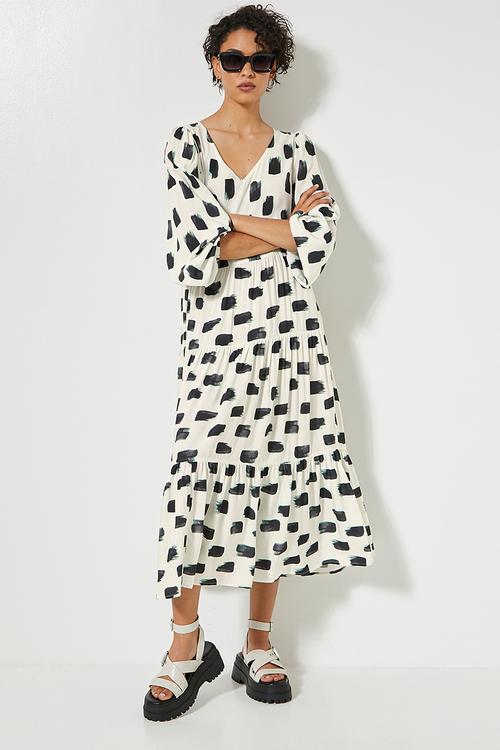 V-neck tiered dress - linear brush strokes