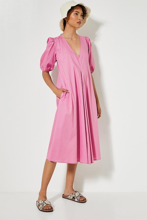 V-neck poplin trapeze dress - mauve pink