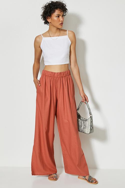 Linen pull on wide leg with slits - rust