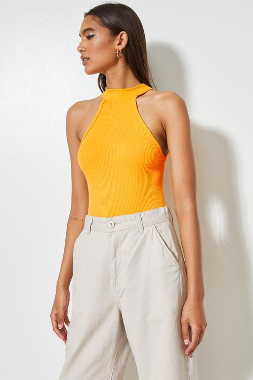 Rib funnel neck cutaway bodysuit - radiant yellow