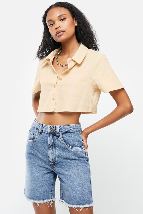 Cropped shirt short sleeve co-ord linen look - sand