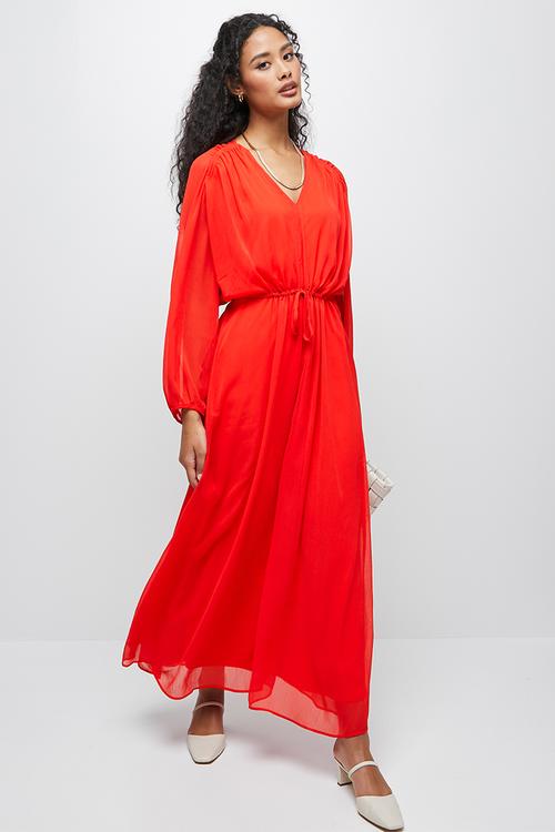 Gauged detail maxi dress - hot orange