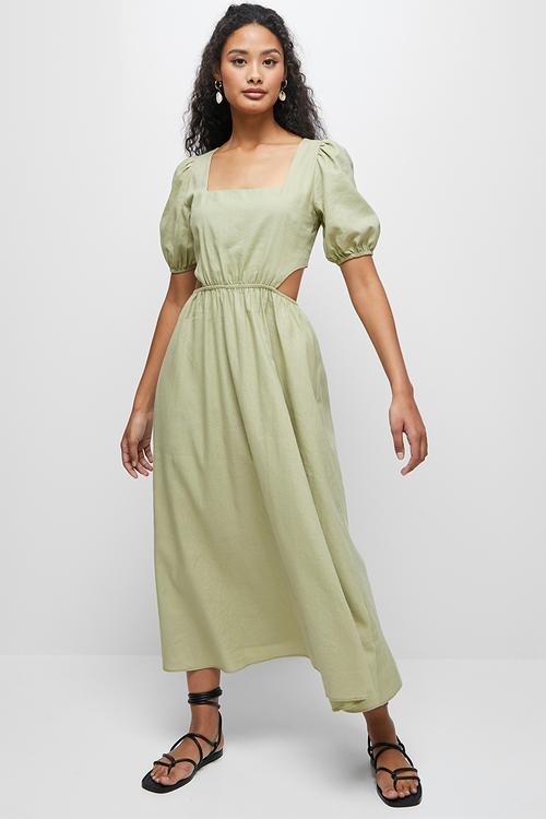 Linen cut out midi dress - green