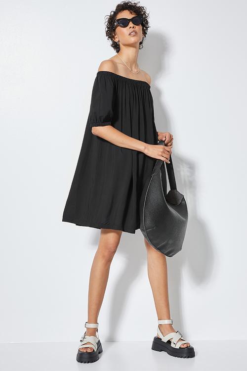 Puff sleeve off shoulder dress - black