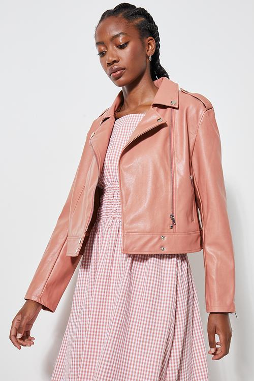 Leather look biker jacket - terracotta