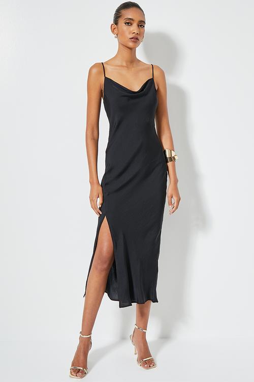 Strappy cowl neck slip dress with slits - black