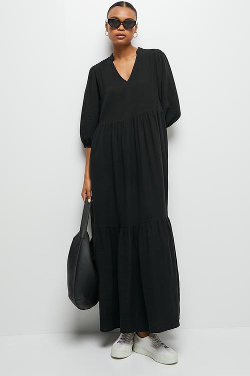 Dbl cloth peasant tiered maxi - black