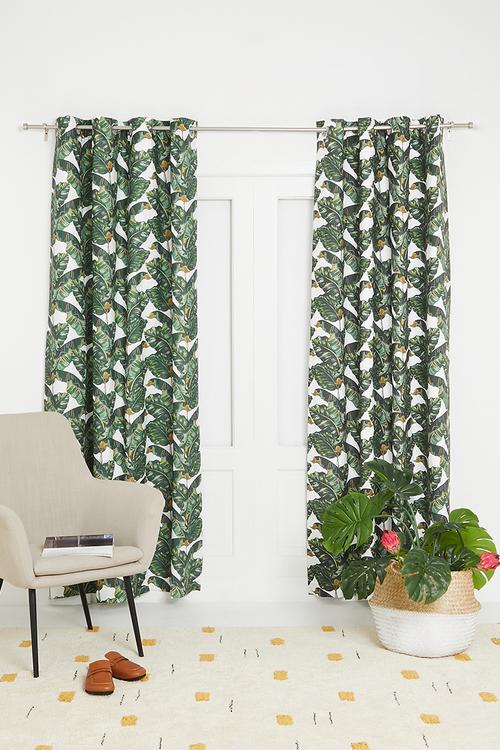 Jungle leaf printed eyelet curtain pack of 2 - green